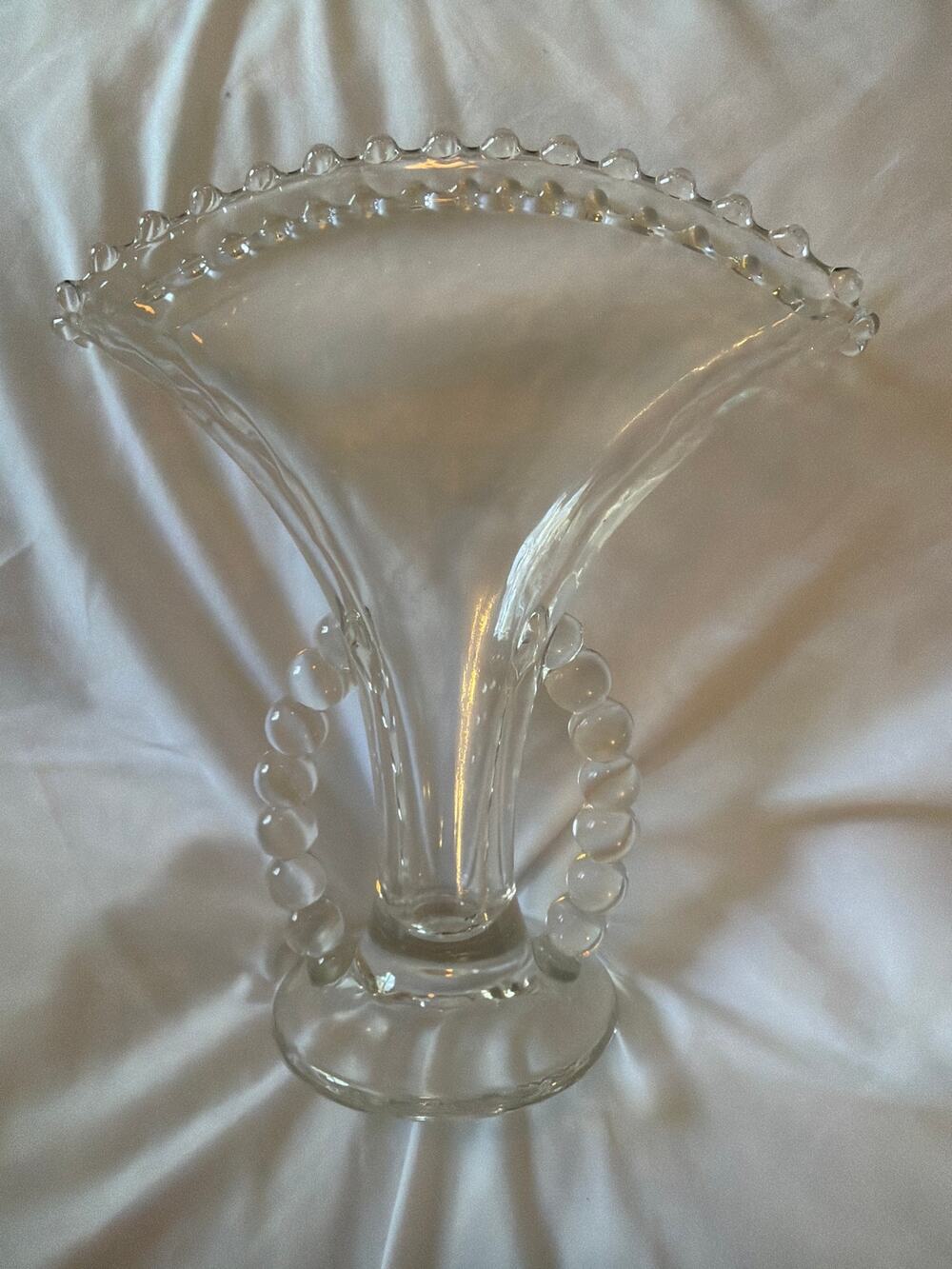 Vintage Imperial Glass Candlewick Fan Vase Beaded Rim Loop Handles Clear Glass